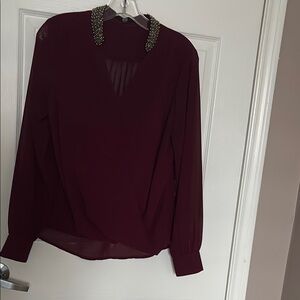 Elegant Burgundy Women's Top with Embellished Collar